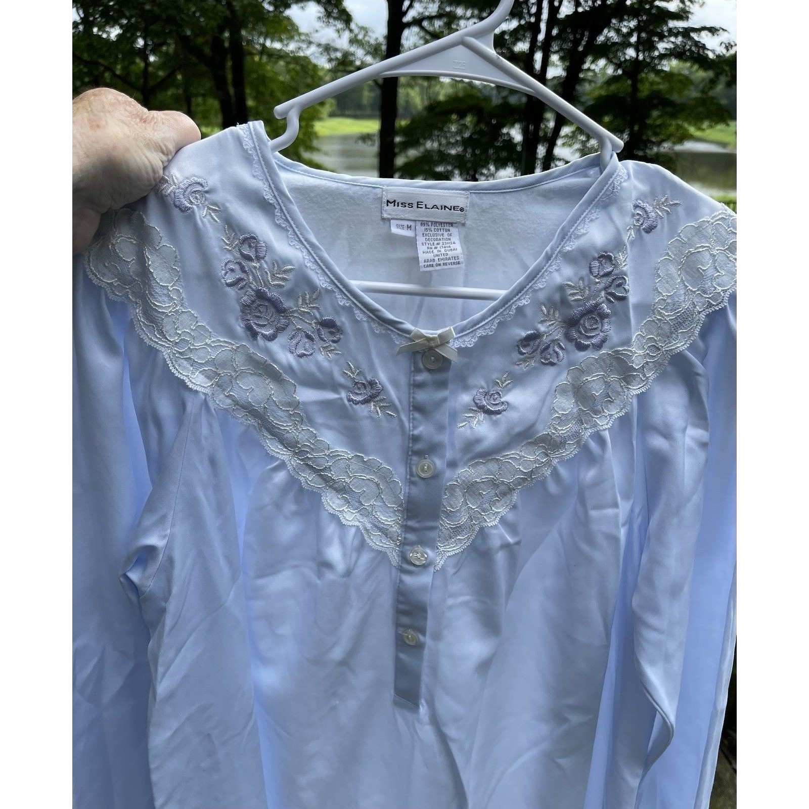 Vtg Miss Elaine Blue Lightly Flannel Lined Silky Night Gown Embroider Lady's M